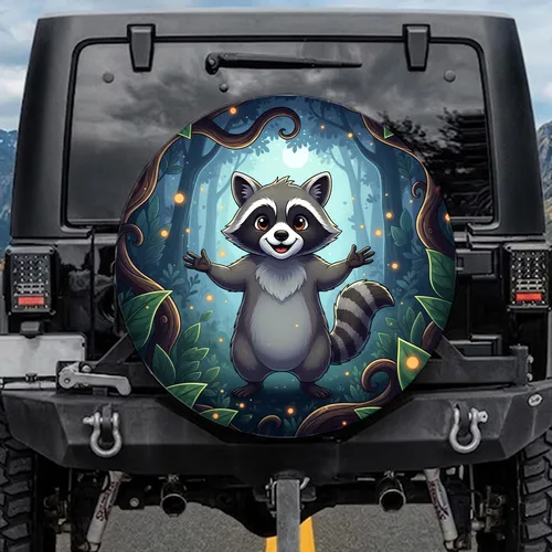 Smiling Raccoon Mask Firefly Moonlight Dark Forest Leaves - Wildlife Lover Gift Spare Tire Cover