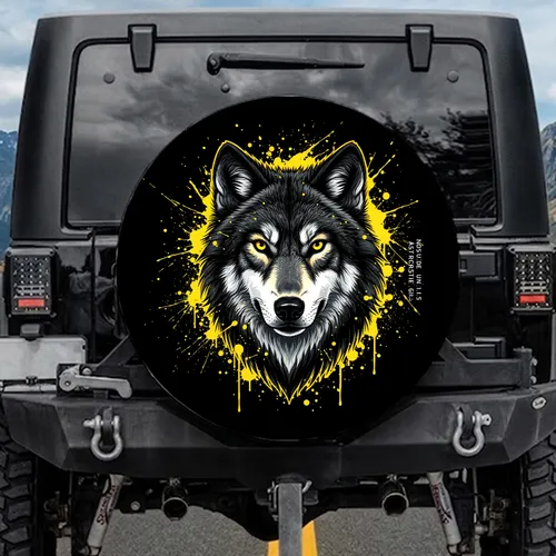 Wolf Head Yellow Eye Paint Splatter Black Grey White - Outdoor Vehicle Decor Gift Spare Tire Cover