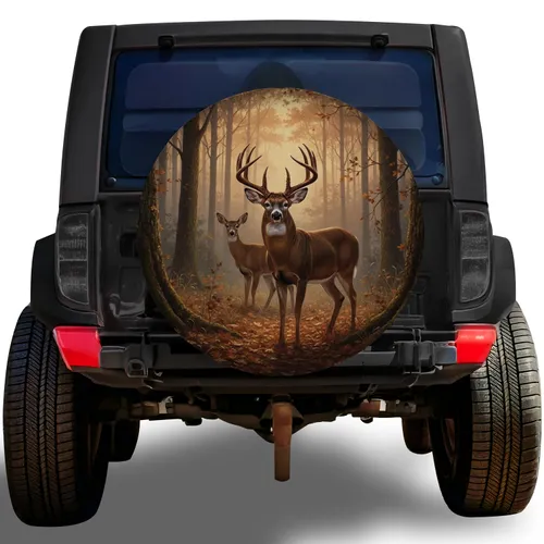 Whitetail Buck Antlers Doe Deer Forest Woodland Autumn Leaves - Wildlife Lover Gift Spare Tire Cover