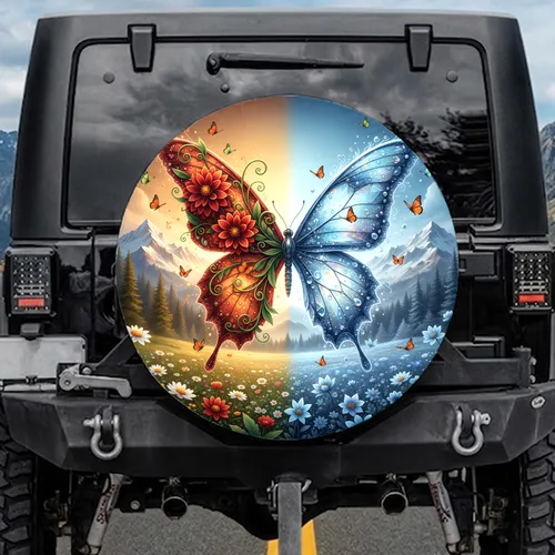 Majestic Butterfly Vibrant Floral Icy Wings Snow Mountains Wildflowers - Nature Lover Gift Spare Tire Cover