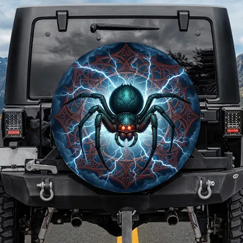 Menacing Spider Glowing Eyes Lightning Storm Web - Wildlife Lover Gift Spare Tire Cover