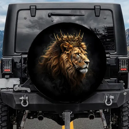 Majestic Lion Head Profile Elaborate Golden Crown - Wildlife Lover Gift for Men Spare Tire Cover