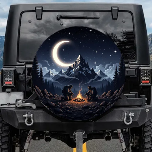 Adventurers Campfire Mountain Peaks Night Sky - Outdoor Enthusiast Gift for Explorers Spare Tire Cover