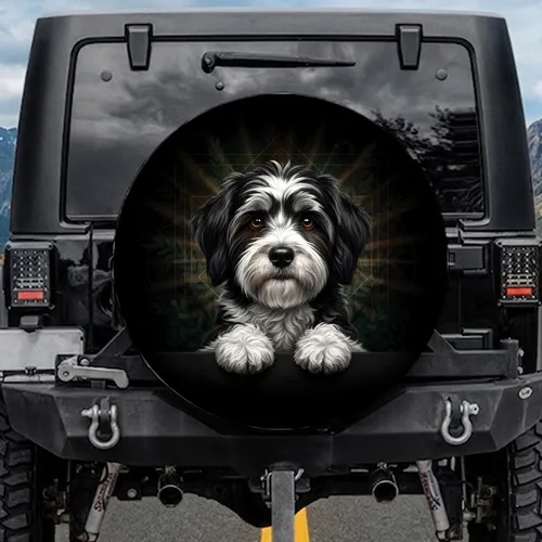 Fluffy Black White Dog Expressive Eyes Paws - Dog Lover Car Decor Gift Spare Tire Cover