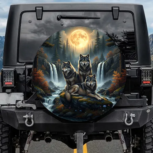 Majestic Gray Wolves Rugged Cliffs Pine Forest Golden Moon Waterfalls - Wildlife Lover Gift Spare Tire Cover