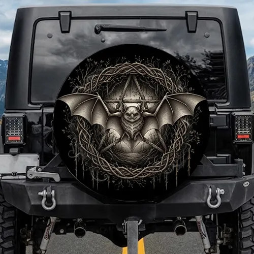 Wide-Winged Bat Gnarled Branch Pentagram - Nature Lover Gift Spare Tire Cover