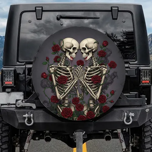 Skeletons Embracing Roses Vines - Dark Romance Vehicle Decor Spare Tire Cover