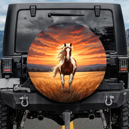 Majestic Pinto Horse Galloping Golden Sunset - Horse Lover Gift Spare Tire Cover