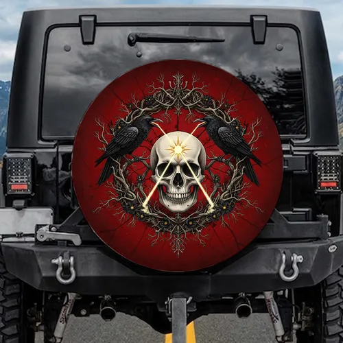 Skull Ravens Golden Starburst - Occult Enthusiast Dark Fantasy Gift Spare Tire Cover