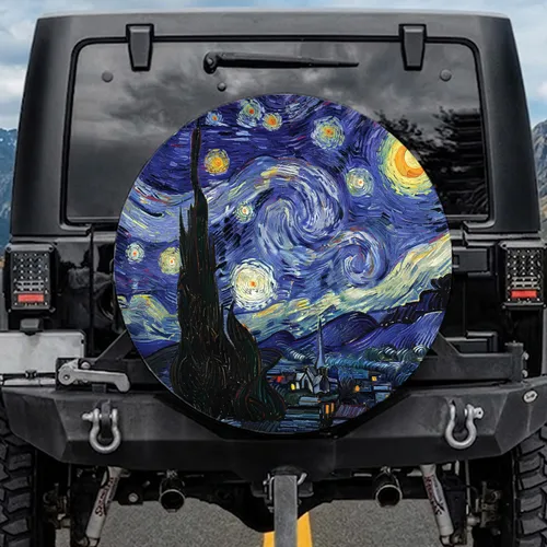 Flame Cypress Tree Village Skyline Glowing Stars Luminous Swirling Sky - Travel Essentials Spare Tire Cover