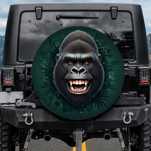 Massive Grin Gorilla Headshot Jungle Foliage - Wildlife Lover Gift Spare Tire Cover
