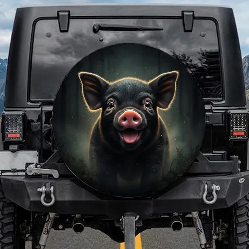 Excited Black Piglet Face Pink Tongue Snout Dark Forest Night - Pig Lover Farmhouse Gift Spare Tire Cover
