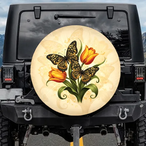 Golden Black Butterflies Yellow Tulips Floral Botanical - Car Decor Gift for Garden Lovers Spare Tire Cover