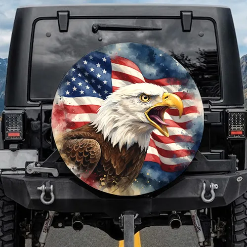Bald Eagle American Flag Stormy Sky Independence Day Gift for Veterans Spare Tire Cover