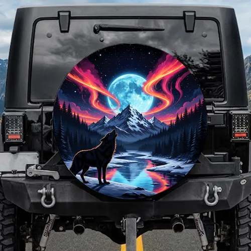 Howling Wolf Snowy Mountains Cosmic Night Moon Aurora - Wildlife Lover Gift Spare Tire Cover