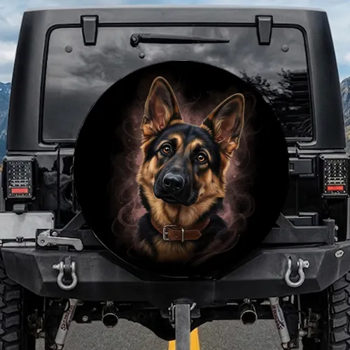 Realistic Curious Eyed German Shepherd Head Portrait - Dog Lover Car Decor Gift Spare Tire Cover