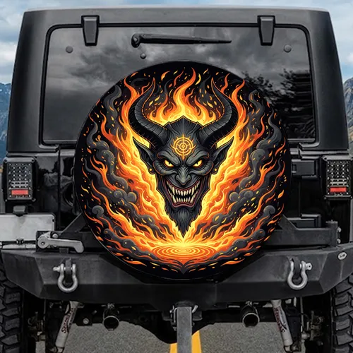 Fiery Demon Lord Face Mystic Symbol - Dark Fantasy Lover Gift Spare Tire Cover