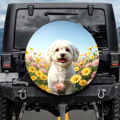 Maltipoo Dog Daisy Chrysanthemum Flower Field Sky - Dog Lover Gift Spare Tire Cover