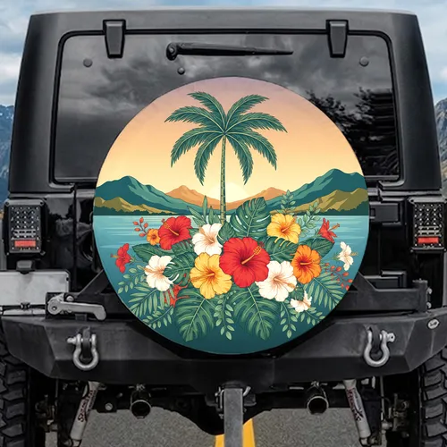 Hibiscus Palm Tree Layered Tropical Foliage Ocean Landscape - Car Decor Gift Spare Tire Cover