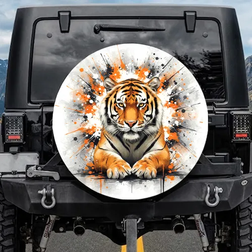Majestic Powerful Tiger Bust Orange Black Ink Splatters - Wildlife Lover Gift Spare Tire Cover