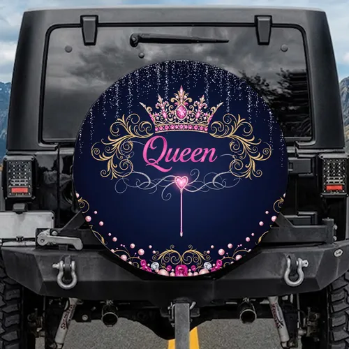 Queen Pink Gold Crown Wand Heart Gemstones - Regal Lifestyle Gift Spare Tire Cover