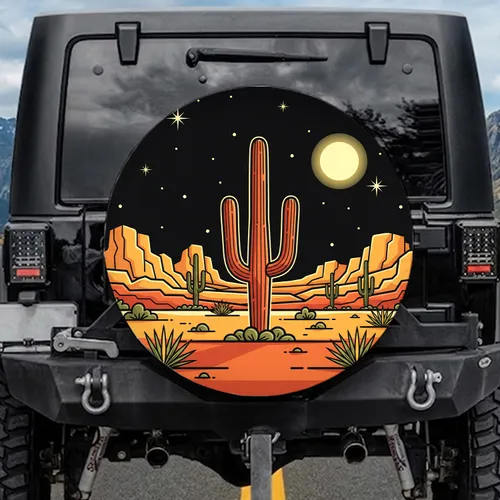 Saguaro Cactus Desert Rock Formations Moon Night Sky - Outdoor Adventure Travel Gift Spare Tire Cover