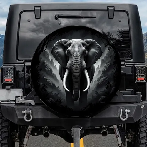 Majestic Elephant Head with Tusks and Jungle Foliage - Wildlife Lover Gift Spare Tire Cover