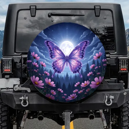 Iridescent Purple Butterfly Cosmos Flowers Luminous Full Moon Forest - Wildlife Lover Gift Spare Tire Cover