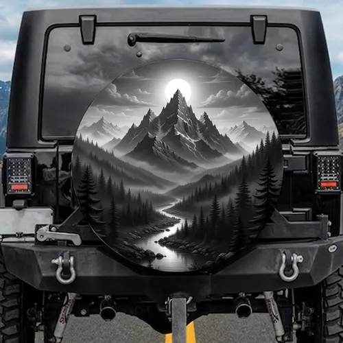 Grayscale Mountain Peaks River Forest Full Moon - Wilderness Outdoor Nature Lover Gift Spare Tire Cover