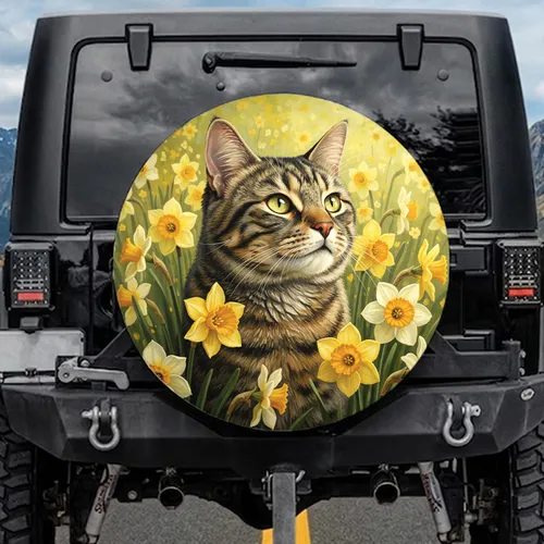 Tabby Cat Daffodils Spring Meadow - Cat Lover Car Decor Gift Spare Tire Cover