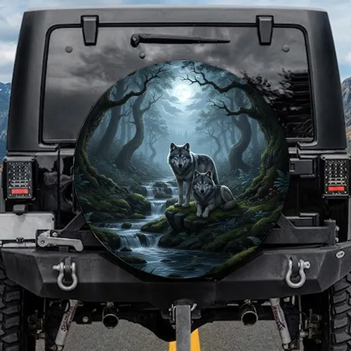 Majestic Grey Wolves Nocturnal Forest Waterfalls - Wildlife Nature Lover Gift Spare Tire Cover