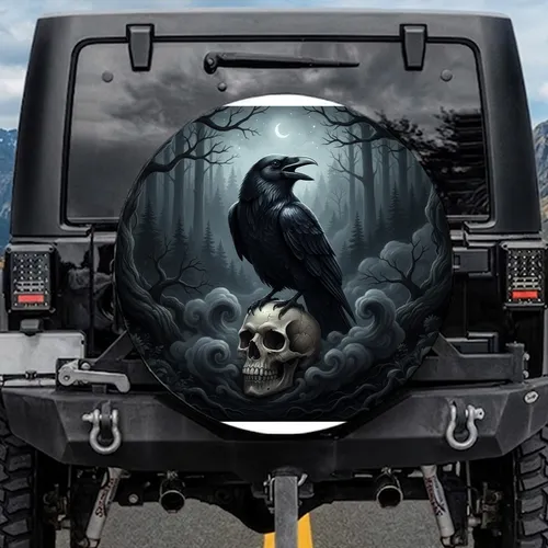 Black Raven Skull Misty Forest Scene - Dark Fantasy Outdoor Decor Gift Spare Tire Cover