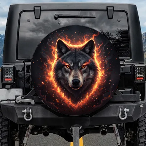 Mystical Wolf Head Fiery Embers - Fantasy Lover Gift Spare Tire Cover