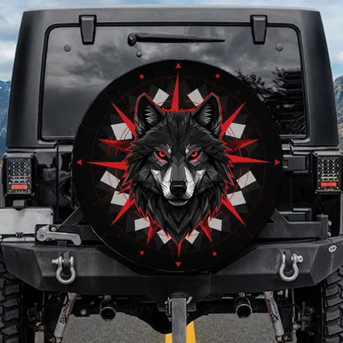 Angular Wolf Head Red Eyes Compass Rose Shards - Adventure Seeker Gift for Vehicle Spare Tire Cover