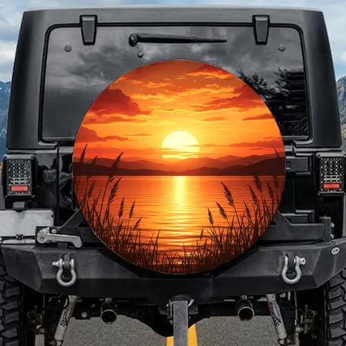 Sunset Lake Mountains Reeds - Outdoor Adventure Gift Spare Tire Cover