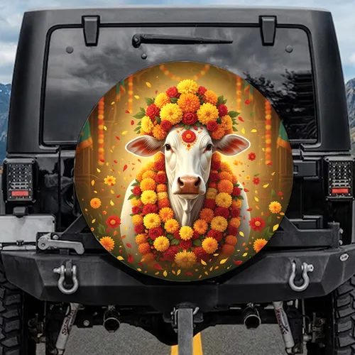 White Zebu Cow Marigold Floral Crown Garlands - Indian Festival Gift for Cow Lover Spare Tire Cover