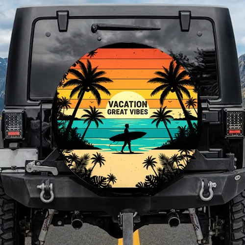 Beach Surfer Palm Trees Sunset Ocean - Travel Essentials Vacation Lifestyle Spare Tire Cover