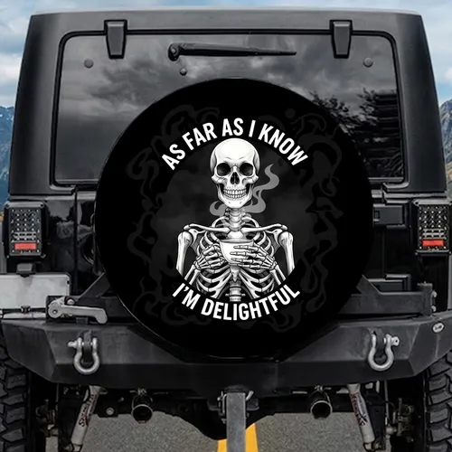Smiling Skeleton Teacup 'I'm Delightful' Quote - Witty Humor Gift for Tea Drinker Spare Tire Cover