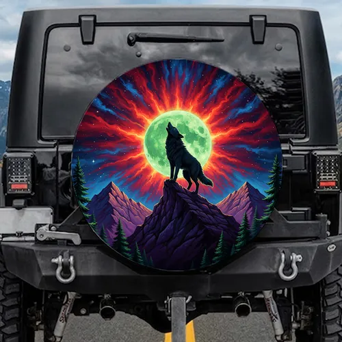 Black Wolf Howling Green Moon Mountain Cosmic Sky - Wildlife Lover Gift Spare Tire Cover