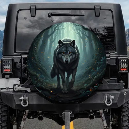 Dark Gray Wolf Forest Path - Wildlife Lover Gift Spare Tire Cover