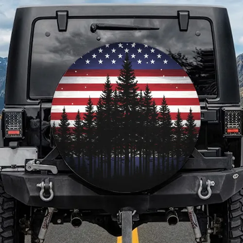 Dusk Dawn Pine Forest American Flag Sky - Independence Day Patriotic Gift Spare Tire Cover