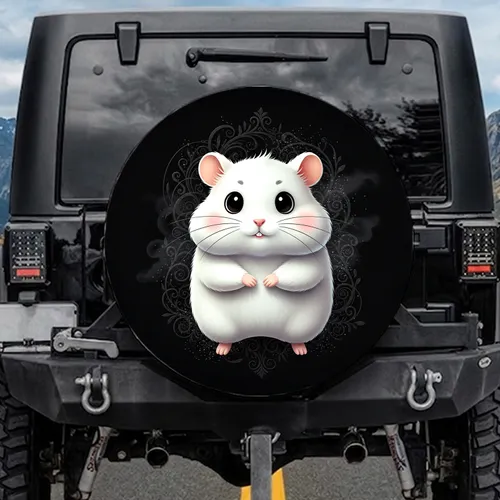 Plump White Cartoon Hamster with Pink Blush and Black Whiskers - Pet Lover Vehicle Decor Spare Tire Cover