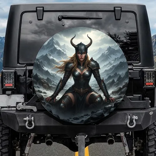 Valkyrie Warrior Ornate Armor Rugged Mountains Dramatic Sky - Adventure Seeker Gift Spare Tire Cover