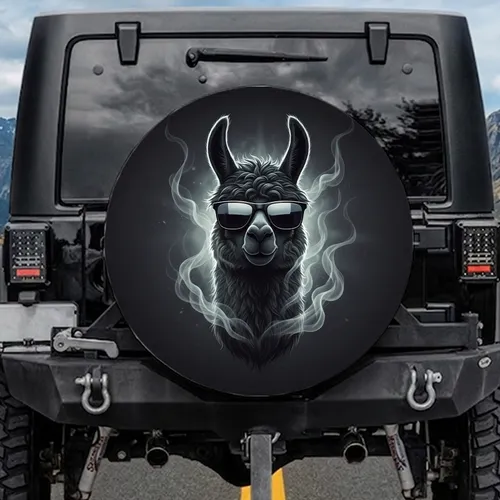 Black Llama Head Shaggy Fur Reflective Sunglasses Deep Charcoal Background - Wildlife Lover Gift Spare Tire Cover