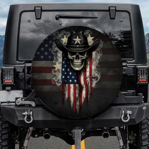 Skull Cowboy Hat American Flag - Patriotic Pride Independence Day Gift Spare Tire Cover