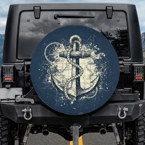 Deep Navy Vintage Anchor Rope Map - Nautical Car Decor Gift for Boaters Spare Tire Cover