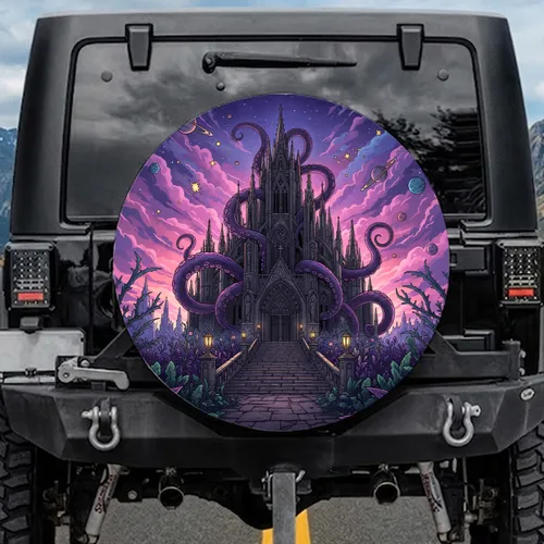 Gothic Cathedral Deep Purple Tentacles Fantastical Foliage Cosmic Horror Decor Spare Tire Cover