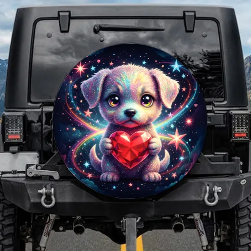 Rainbow Puppy Red Heart Celestial Stars - Dog Owner Vehicle Decor Gift Spare Tire Cover