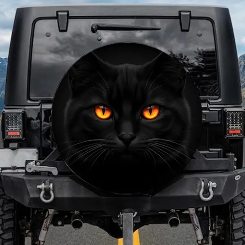 Black Cat Velvety Fur Molten Orange Vertical Pupil Eyes - Wildlife Lover Everyday Gift Spare Tire Cover