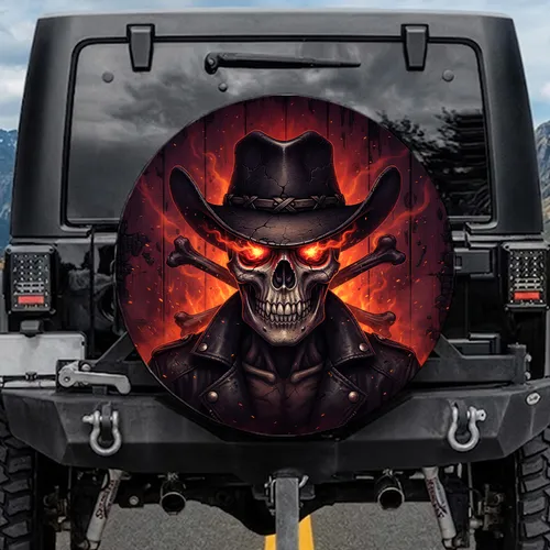 Skull Cowboy Hat Crossbones Glowing Eyes - Road Warrior Gift Spare Tire Cover